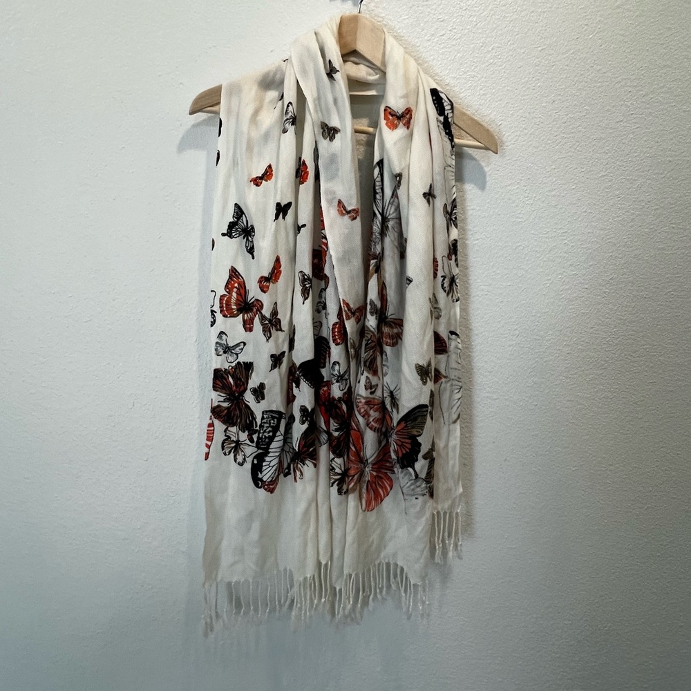 Butterfly Design Pashmina Scarf Wrap Ivory Color Background